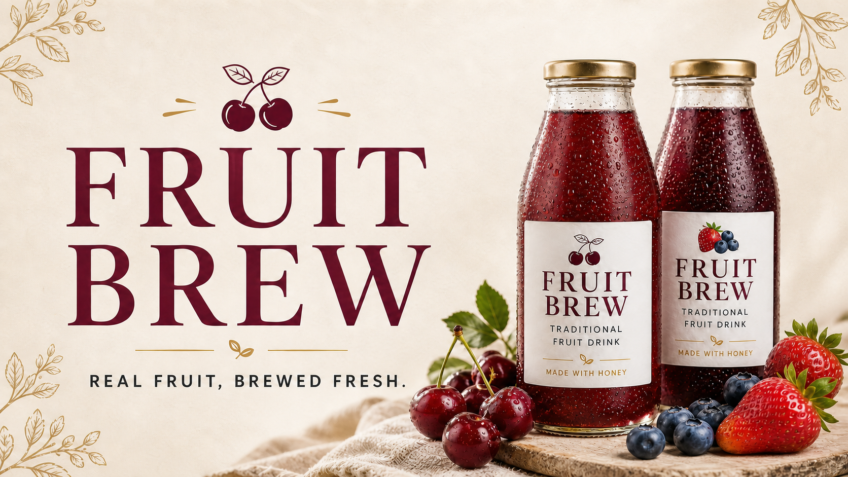 Fruit Brew traditional fruit drink with cherry and strawberry blueberry bottles